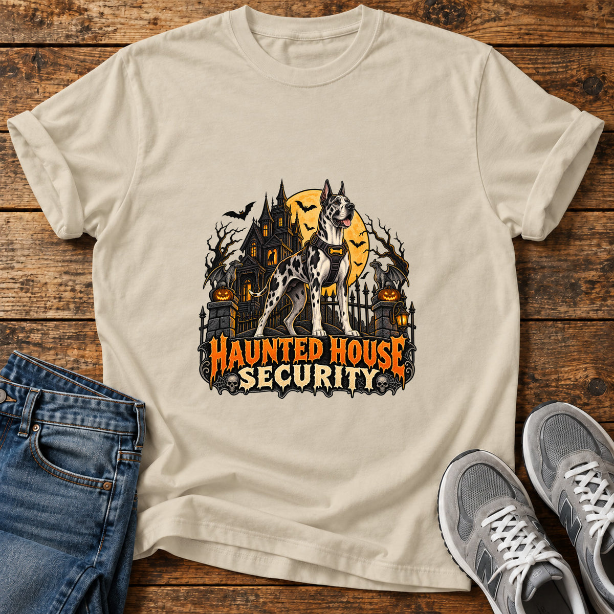 Haunted House Security Great Dane graphic T-shirt in Sand, shown on a flat-lay shirt mockup