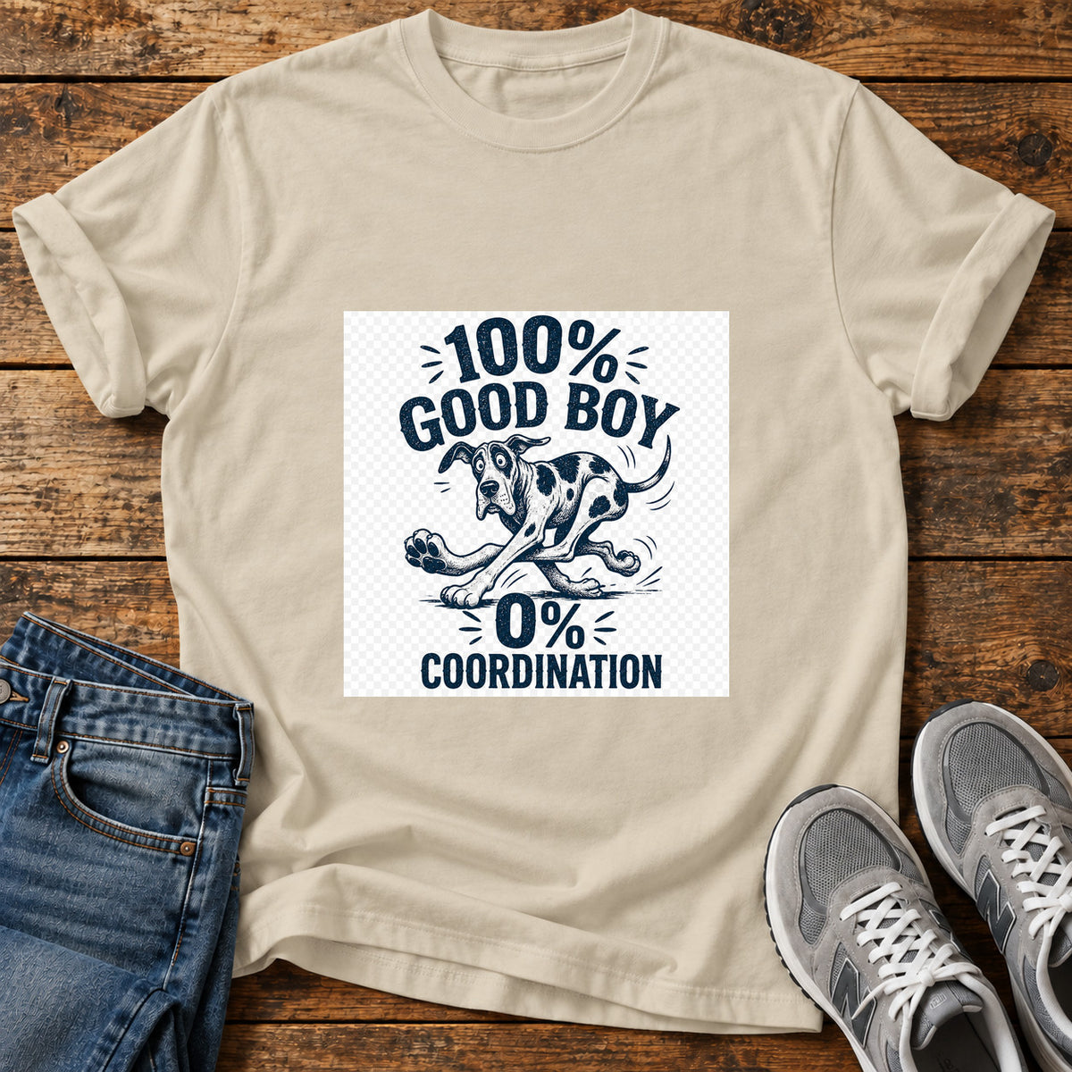 Good Boy Coordination Great Dane graphic T-shirt in Sand, shown on a flat-lay shirt mockup
