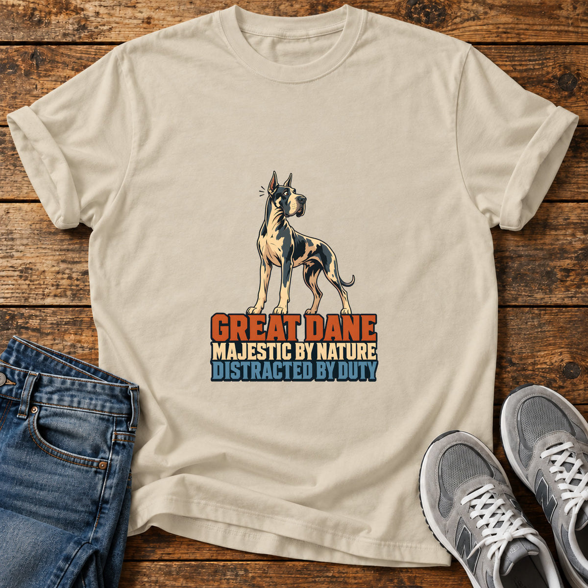 Great Dane Duty graphic T-shirt in Sand, shown on a flat-lay shirt mockup