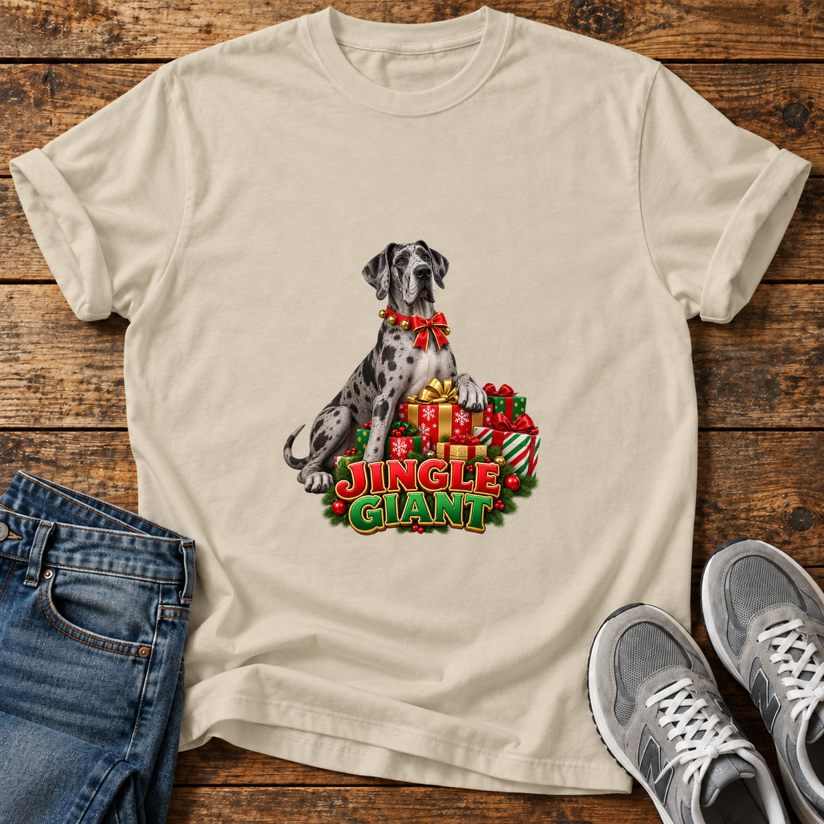 Jingle Giant Great Dane graphic T-shirt in Sand, shown on a flat-lay shirt mockup
