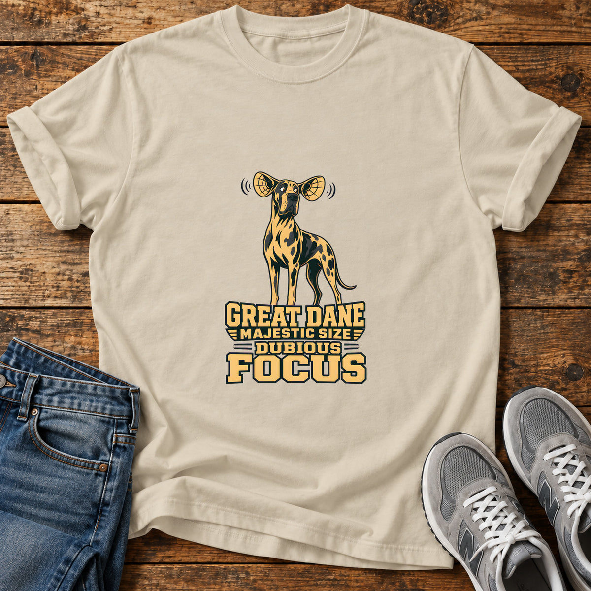 Dubious Focus Great Dane graphic T-shirt in Sand, shown on a flat-lay shirt mockup