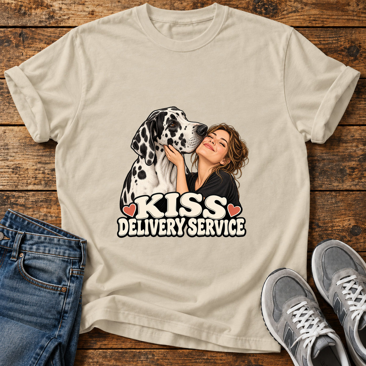 Kiss Delivery Great Dane graphic T-shirt in Sand, shown on a flat-lay shirt mockup