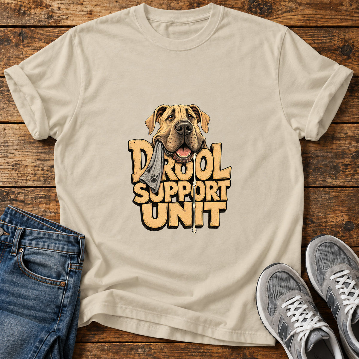 Drool Support Unit Great Dane graphic T-shirt in Sand, shown on a flat-lay shirt mockup