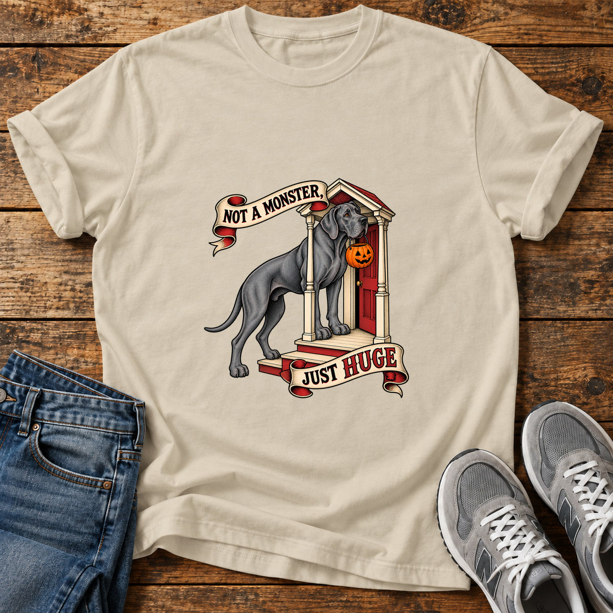 Not A Monster Great Dane graphic T-shirt in Sand, shown on a flat-lay shirt mockup
