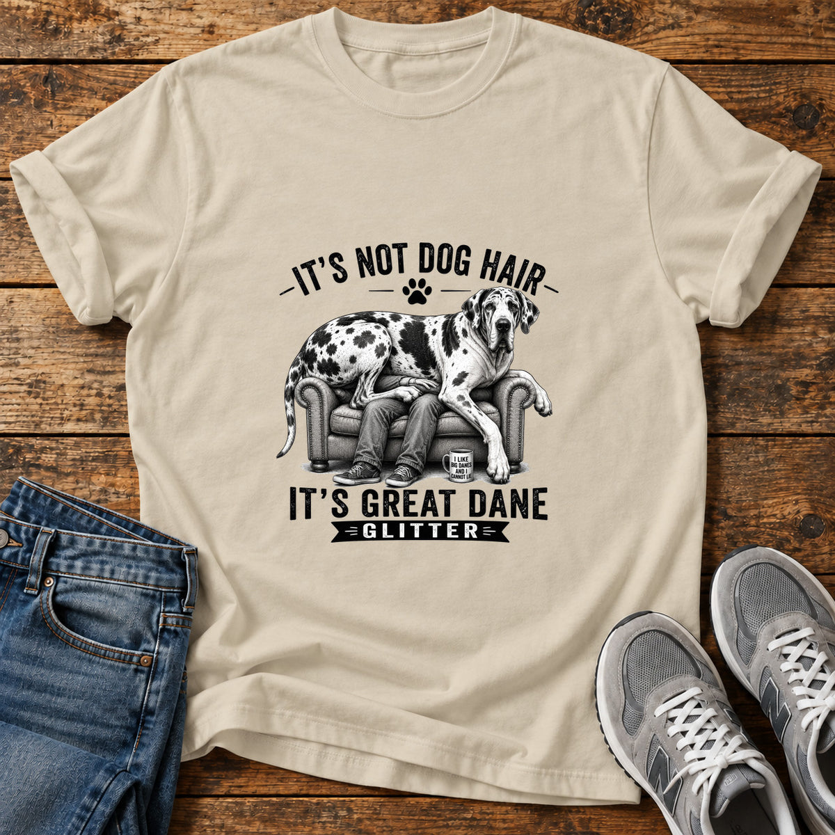 Great Dane Glitter graphic T-shirt in Sand, shown on a flat-lay shirt mockup