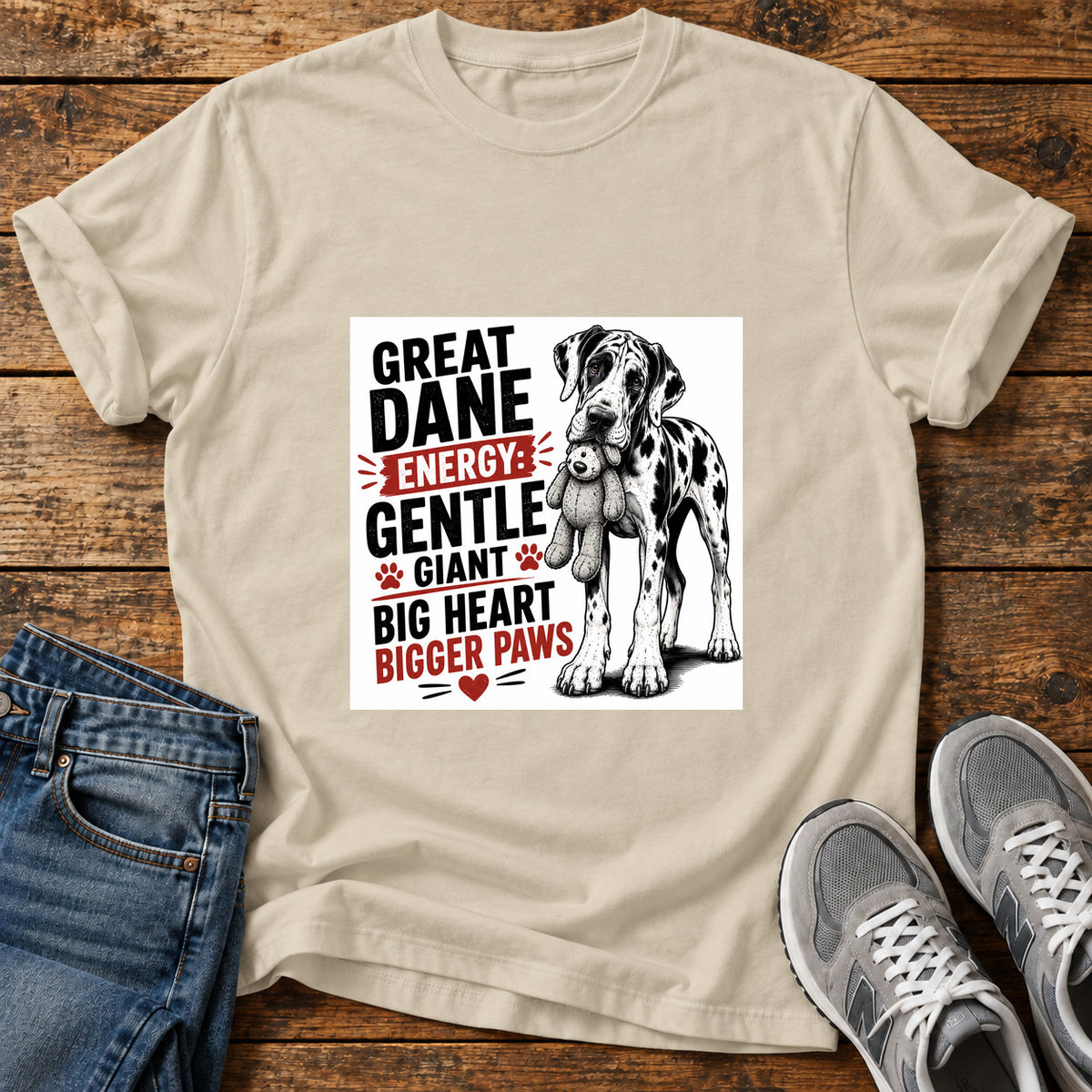 Great Dane Energy graphic T-shirt in Sand, shown on a flat-lay shirt mockup