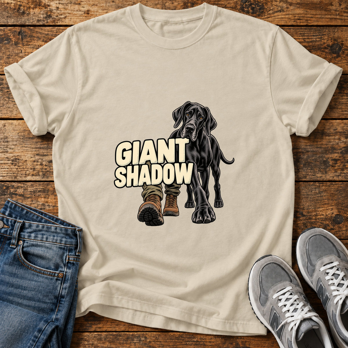 Giant Shadow Great Dane graphic T-shirt in Sand, shown on a flat-lay shirt mockup