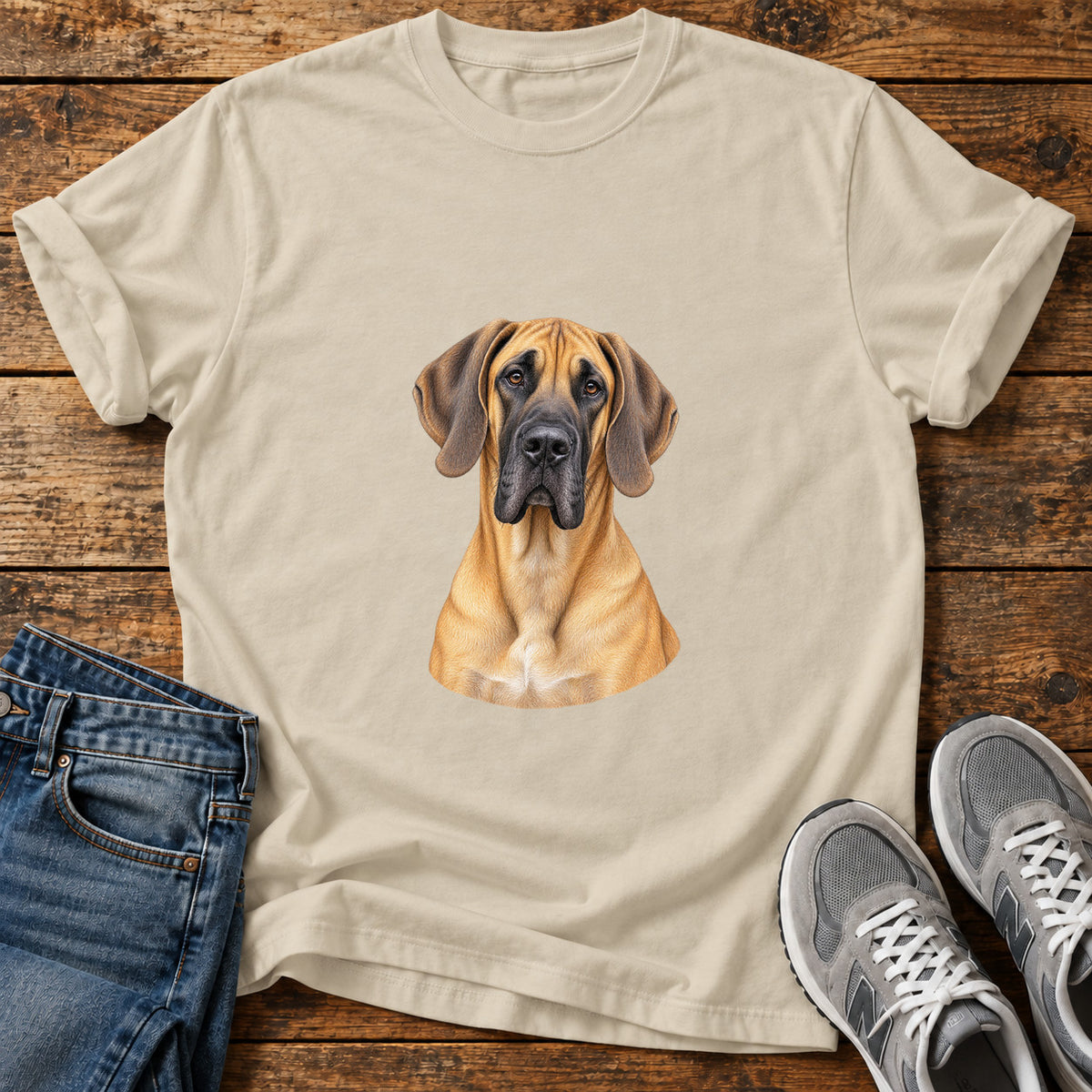 Majestic Dane Great Dane graphic T-shirt in Sand, shown on a flat-lay shirt mockup