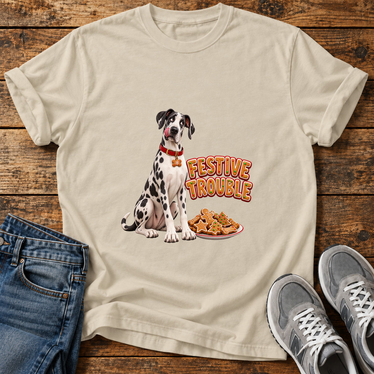 Festive Trouble Great Dane graphic T-shirt in Sand, shown on a flat-lay shirt mockup