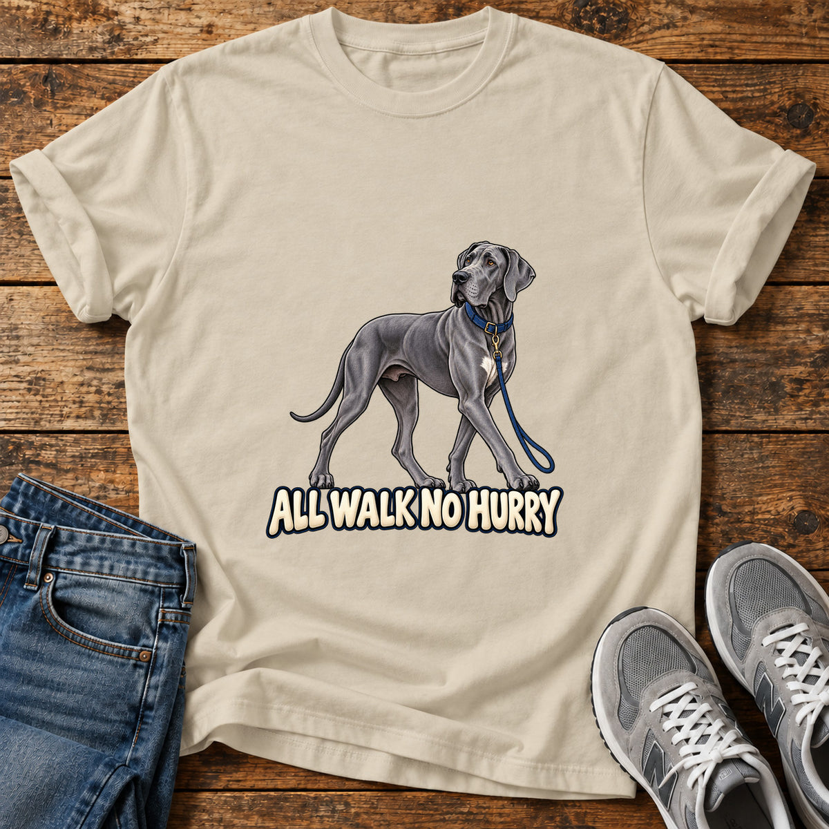 All Walk Great Dane graphic T-shirt in Sand, shown on a flat-lay shirt mockup