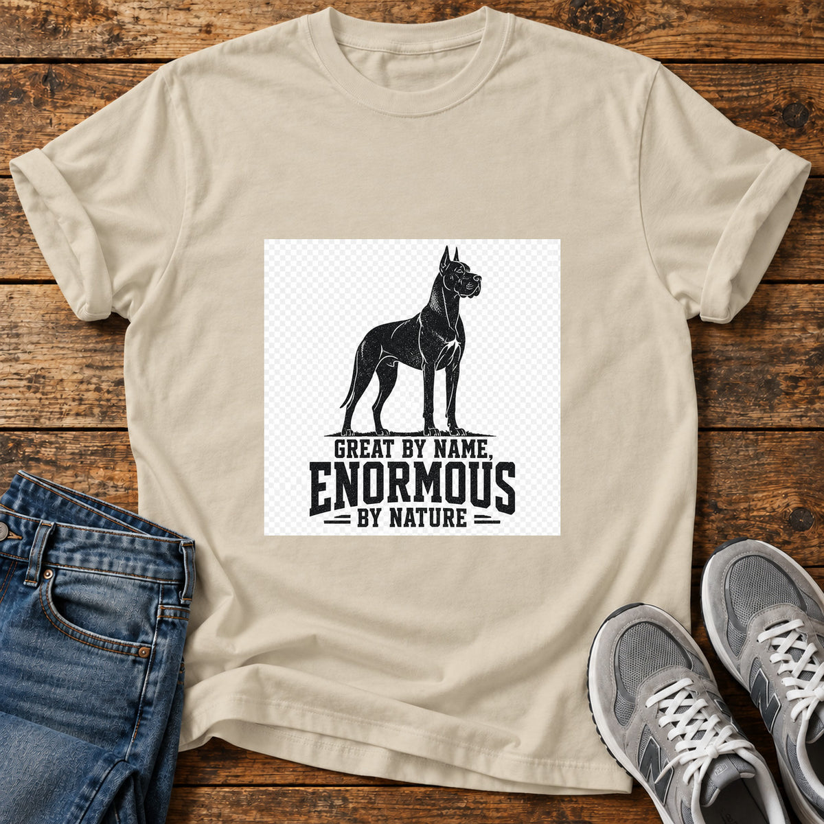 Enormous By Nature Great Dane graphic T-shirt in Sand, shown on a flat-lay shirt mockup