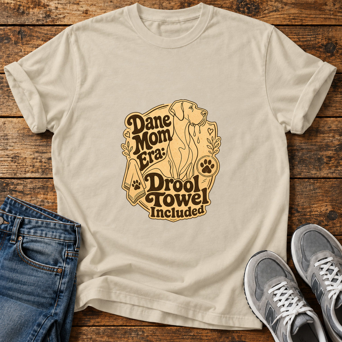 Dane Mom Era Great Dane graphic T-shirt in Sand, shown on a flat-lay shirt mockup