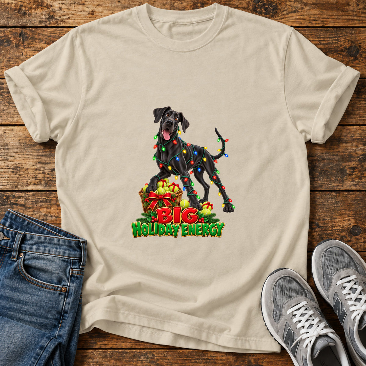 Big Holiday Energy Great Dane graphic T-shirt in Sand, shown on a flat-lay shirt mockup