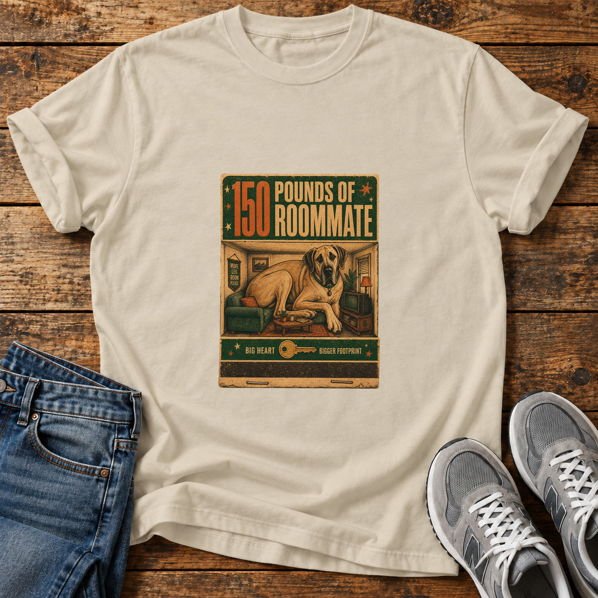 150 Pounds Roommate Great Dane graphic T-shirt in Sand, shown on a flat-lay shirt mockup