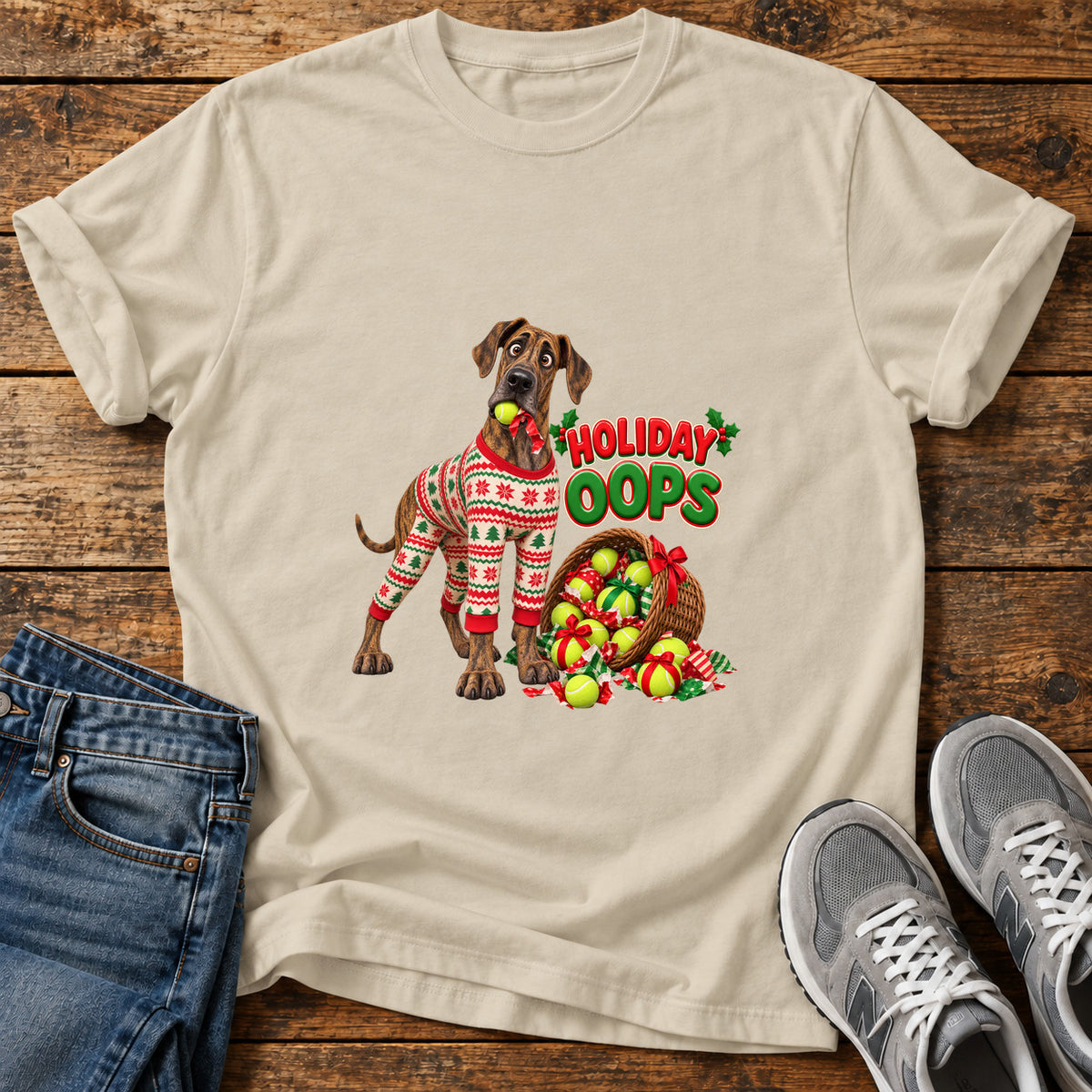 Holiday Oops Great Dane graphic T-shirt in Sand, shown on a flat-lay shirt mockup