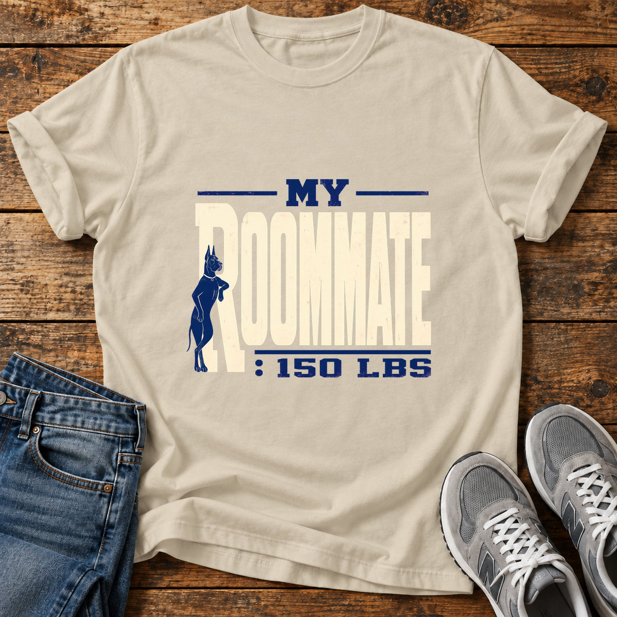 My Roommate Great Dane graphic T-shirt in Sand, shown on a flat-lay shirt mockup