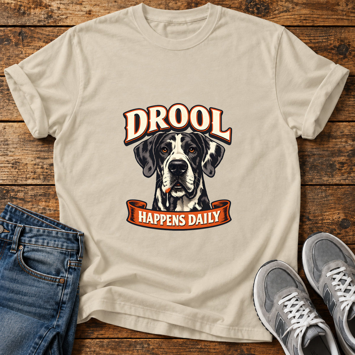 Drool Happens Daily Great Dane graphic T-shirt in Sand, shown on a flat-lay shirt mockup