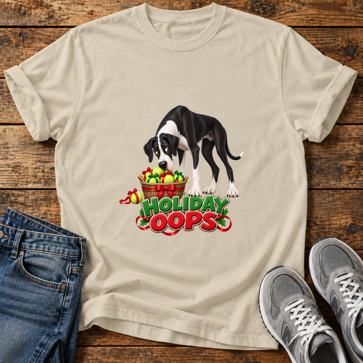 Holiday Oops Great Dane graphic T-shirt in Sand, shown on a flat-lay shirt mockup