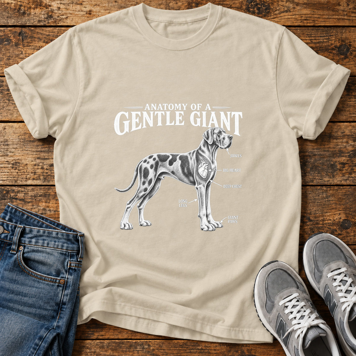 Gentle Giant Great Dane graphic T-shirt in Sand, shown on a flat-lay shirt mockup