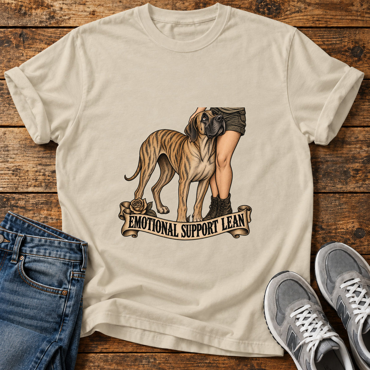 Emotional Support Lean Great Dane graphic T-shirt in Sand, shown on a flat-lay shirt mockup