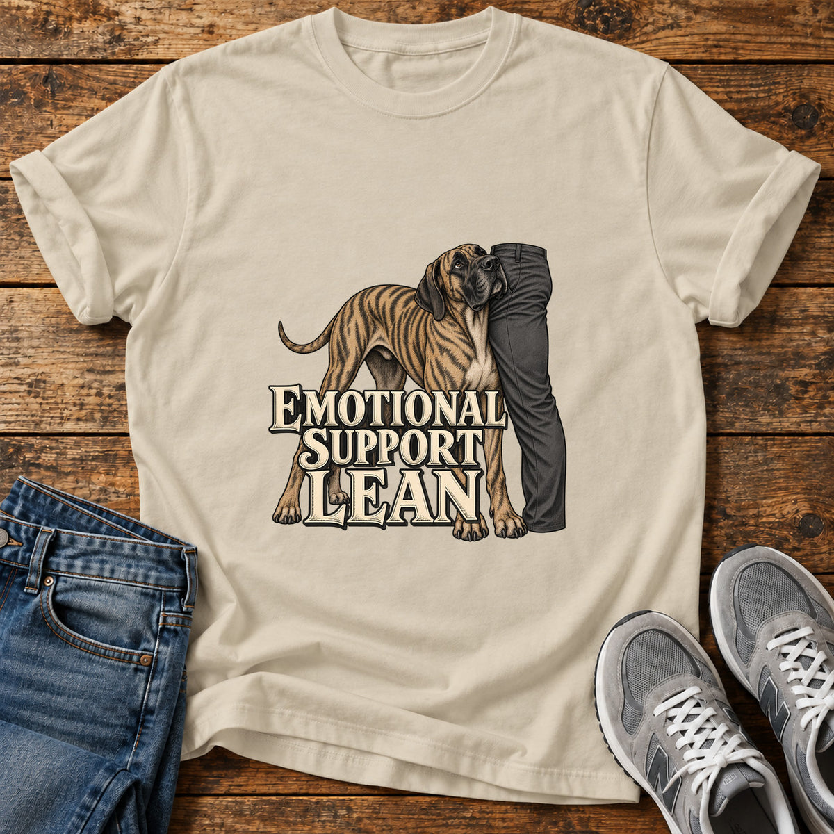 Emotional Support Lean Great Dane graphic T-shirt in Sand, shown on a flat-lay shirt mockup