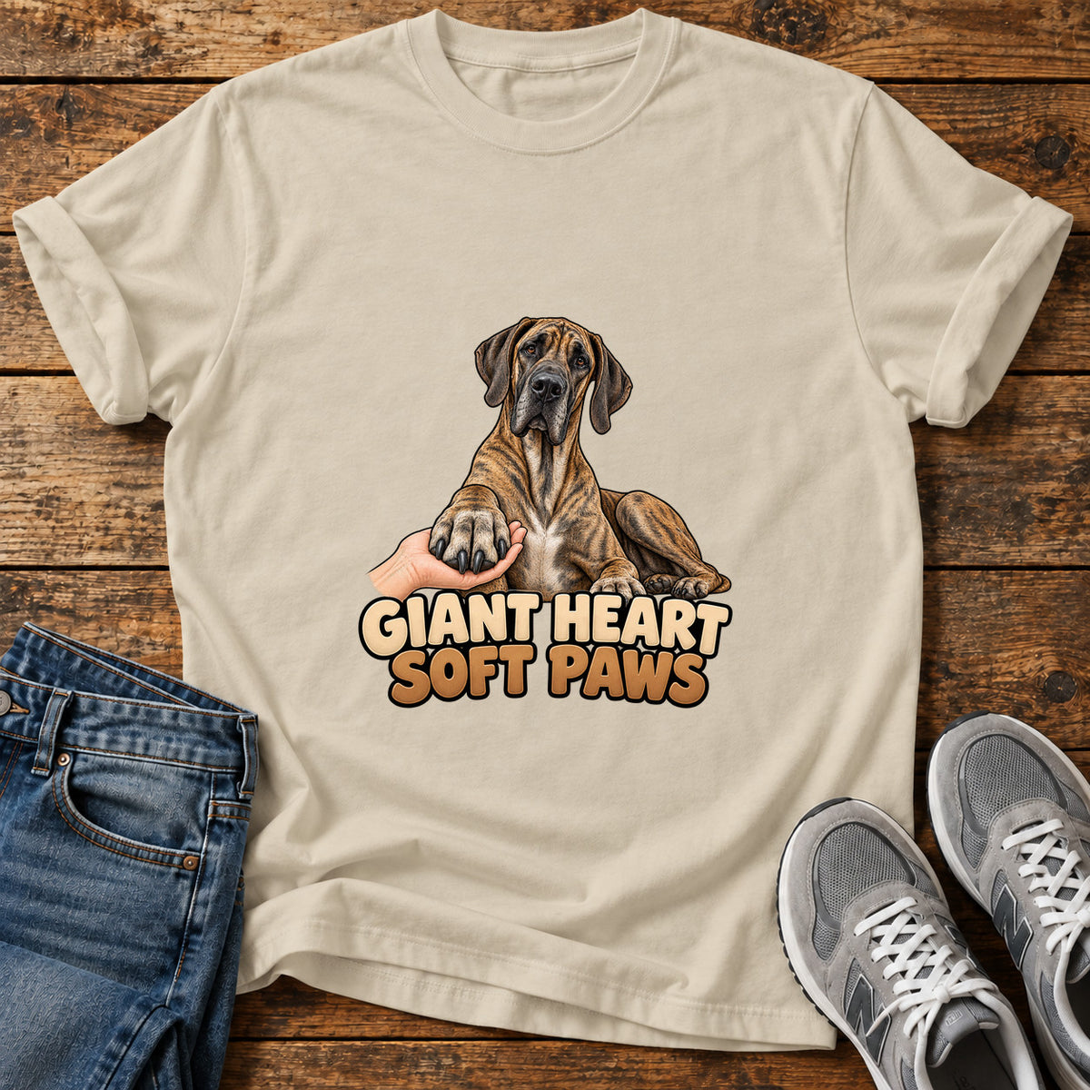 Giant Heart Great Dane graphic T-shirt in Sand, shown on a flat-lay shirt mockup
