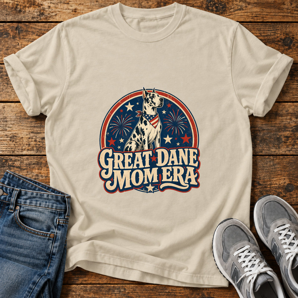 Great Dane Mom graphic T-shirt in Sand, shown on a flat-lay shirt mockup