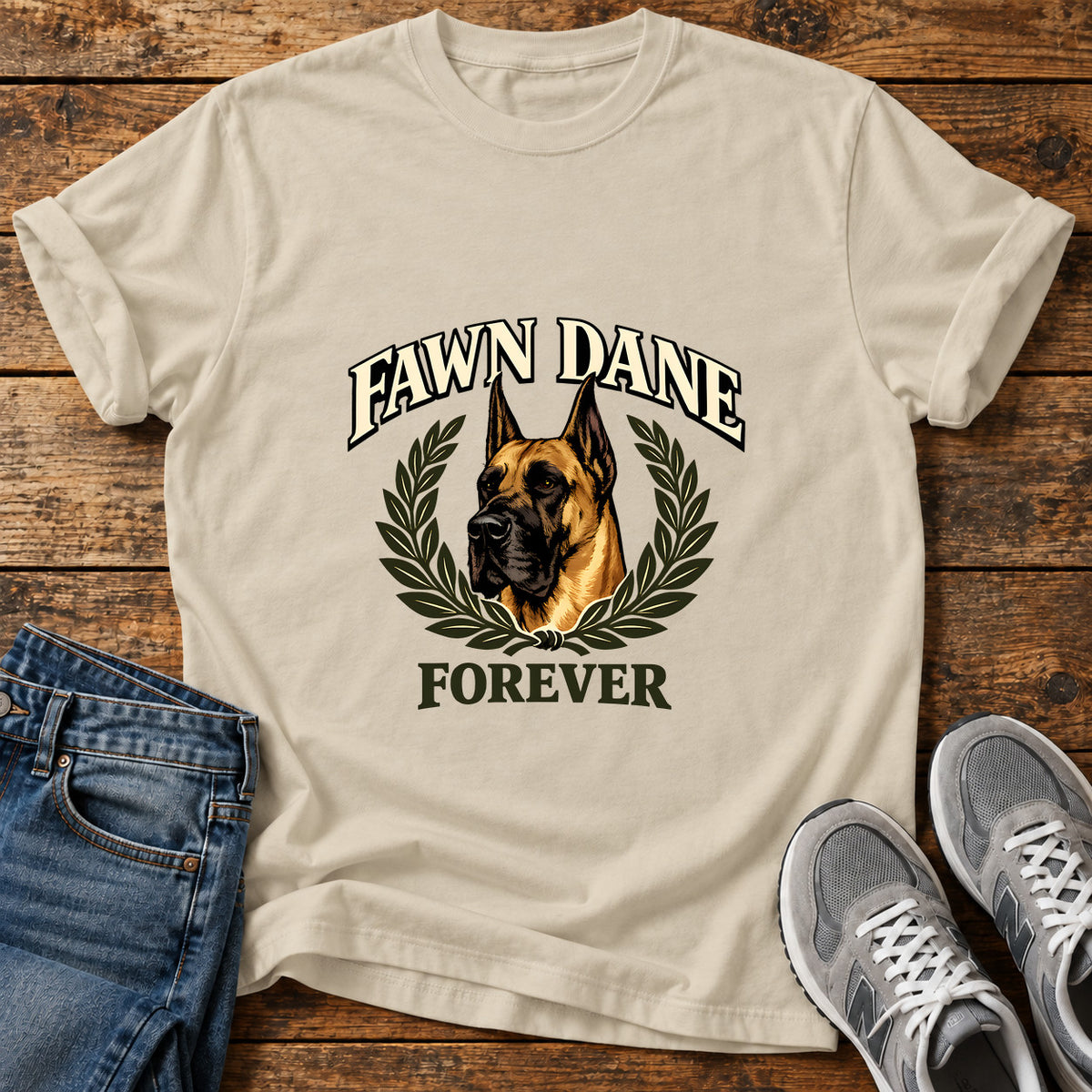 Fawn Dane Forever Great Dane graphic T-shirt in Sand, shown on a flat-lay shirt mockup