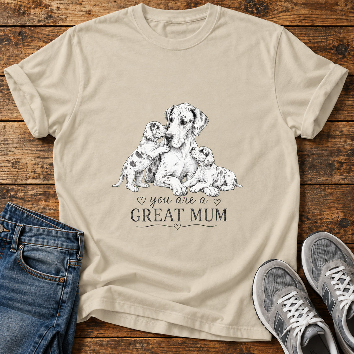 Great Mum Great Dane graphic T-shirt in Sand, shown on a flat-lay shirt mockup