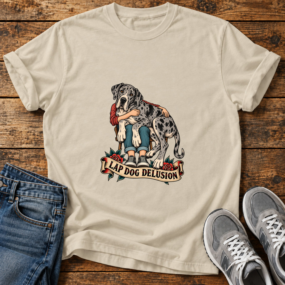 Lap Dog Delusion Great Dane graphic T-shirt in Sand, shown on a flat-lay shirt mockup
