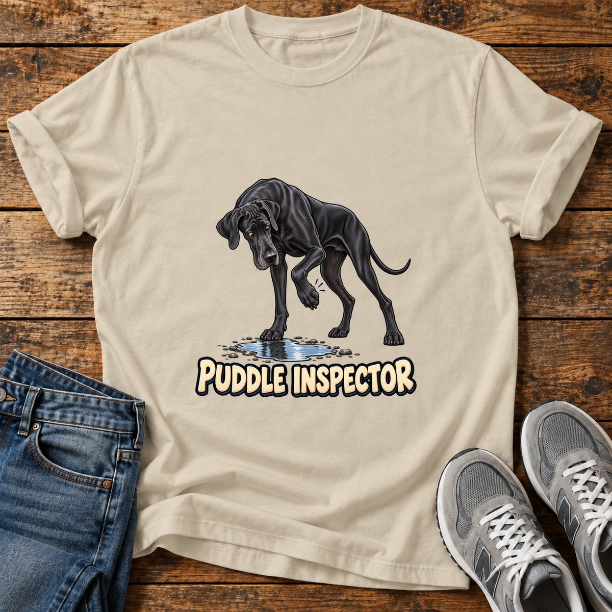 Puddle Inspector Great Dane graphic T-shirt in Sand, shown on a flat-lay shirt mockup