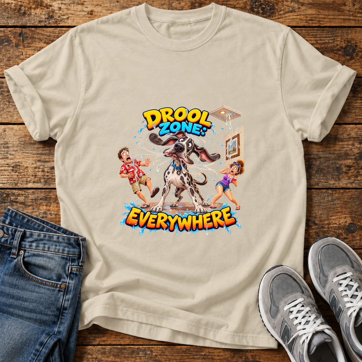 Drool Zone Everywhere Great Dane graphic T-shirt in Sand, shown on a flat-lay shirt mockup