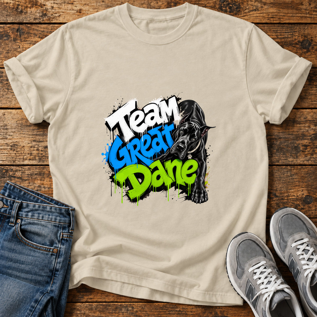 Team Great Dane graphic T-shirt in Sand, shown on a flat-lay shirt mockup