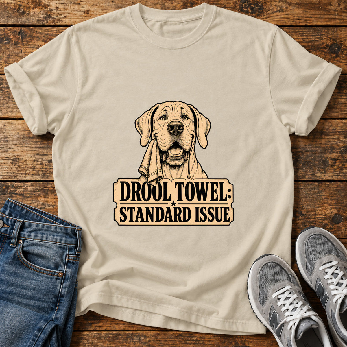 Drool Towel Standard Great Dane graphic T-shirt in Sand, shown on a flat-lay shirt mockup