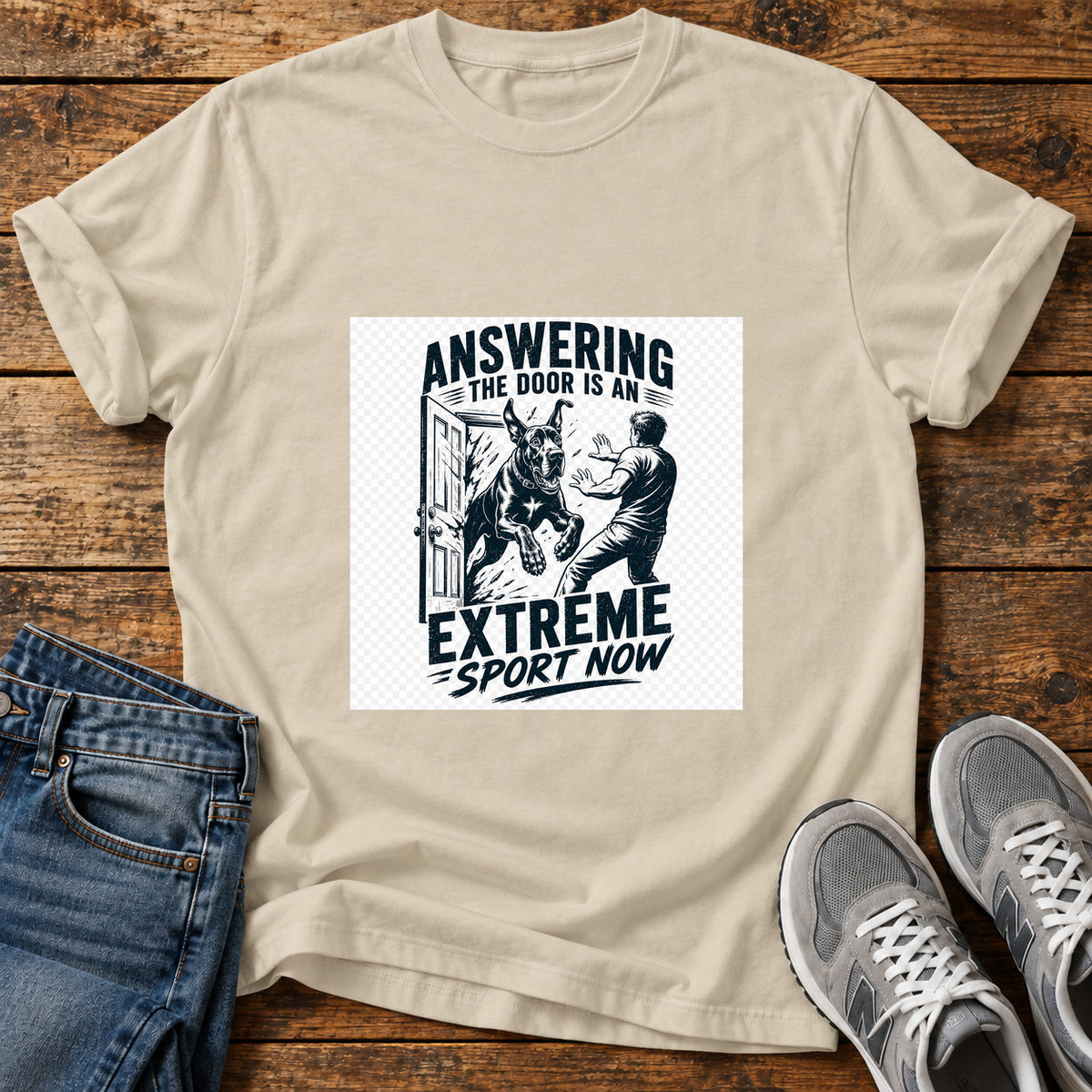 Extreme Sport Now Great Dane graphic T-shirt in Sand, shown on a flat-lay shirt mockup