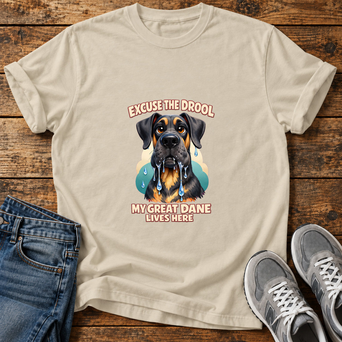 Excuse The Drool Great Dane graphic T-shirt in Sand, shown on a flat-lay shirt mockup
