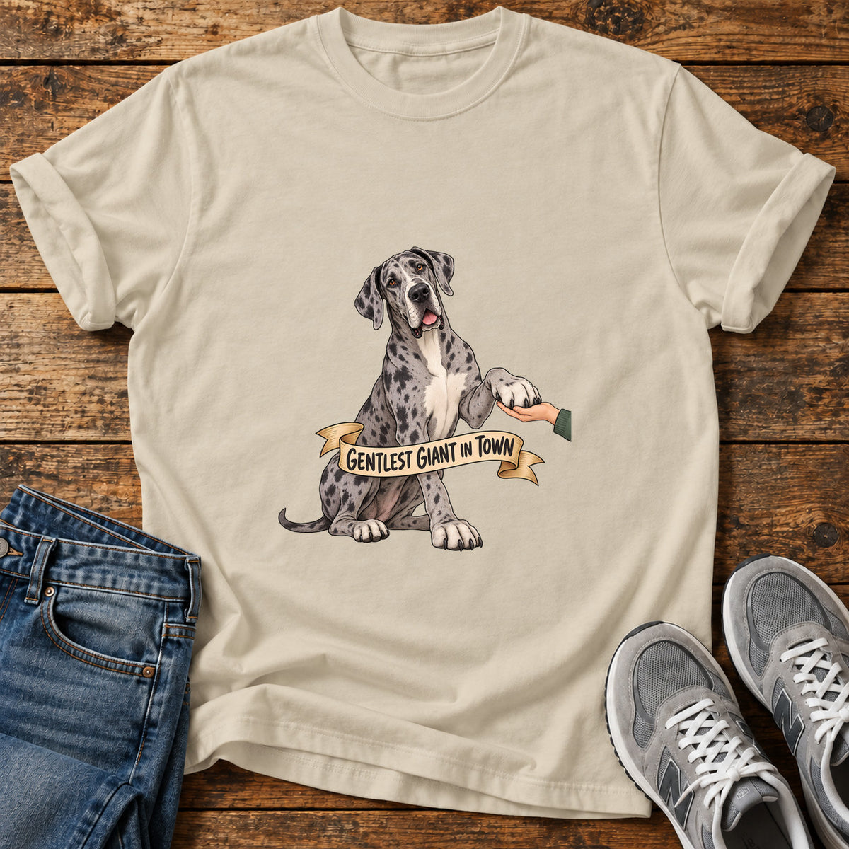 Gentlest Giant Great Dane graphic T-shirt in Sand, shown on a flat-lay shirt mockup