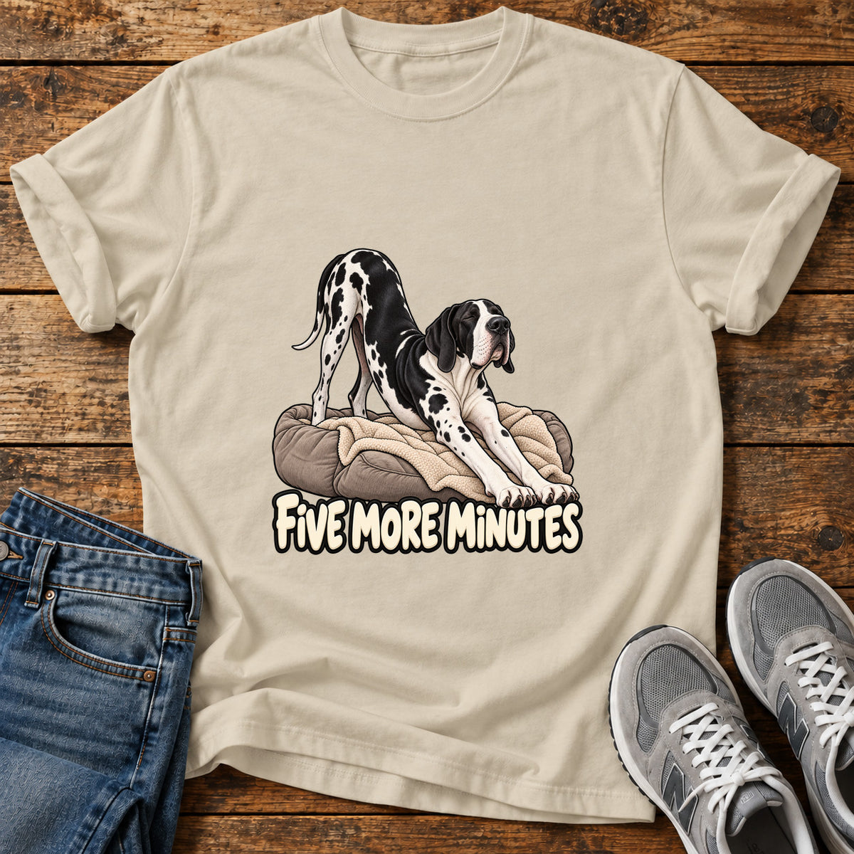 Five More Minutes Great Dane graphic T-shirt in Sand, shown on a flat-lay shirt mockup