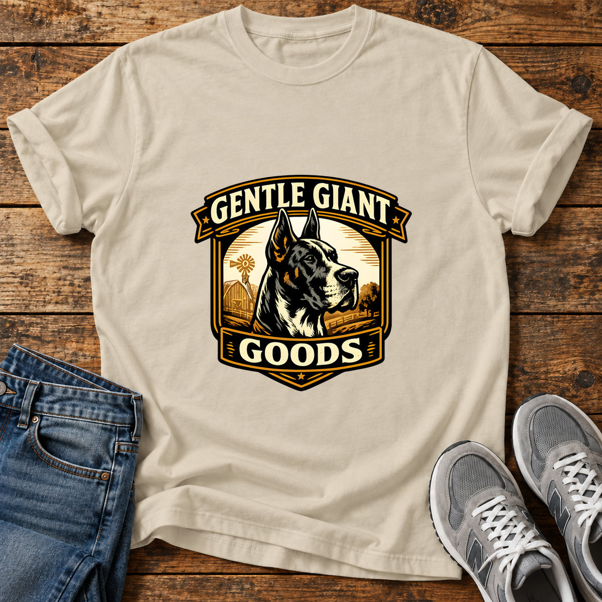 Gentle Giant Goods Great Dane graphic T-shirt in Sand, shown on a flat-lay shirt mockup
