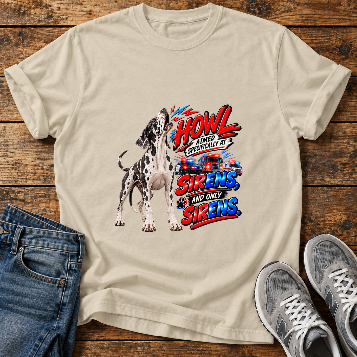 Howl At Sirens Great Dane graphic T-shirt in Sand, shown on a flat-lay shirt mockup