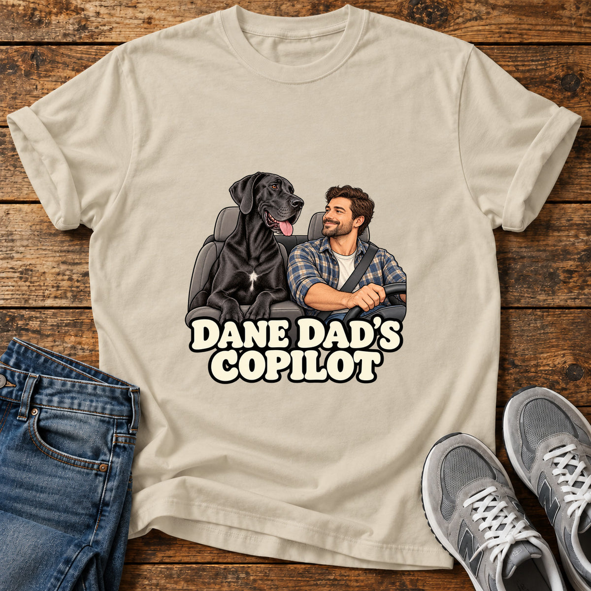Dane Copilot Great Dane graphic T-shirt in Sand, shown on a flat-lay shirt mockup