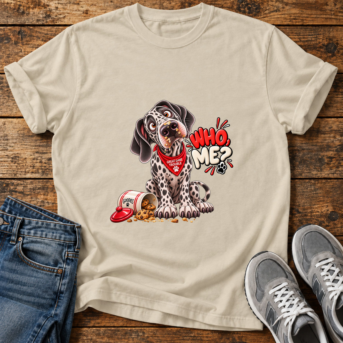 Who Me Great Dane graphic T-shirt in Sand, shown on a flat-lay shirt mockup