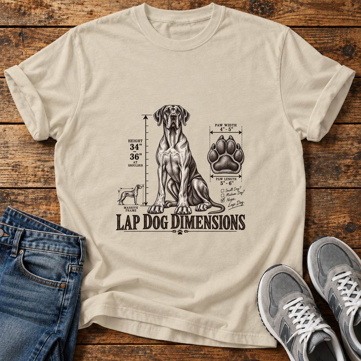 Lap Dog Dimensions Great Dane graphic T-shirt in Sand, shown on a flat-lay shirt mockup