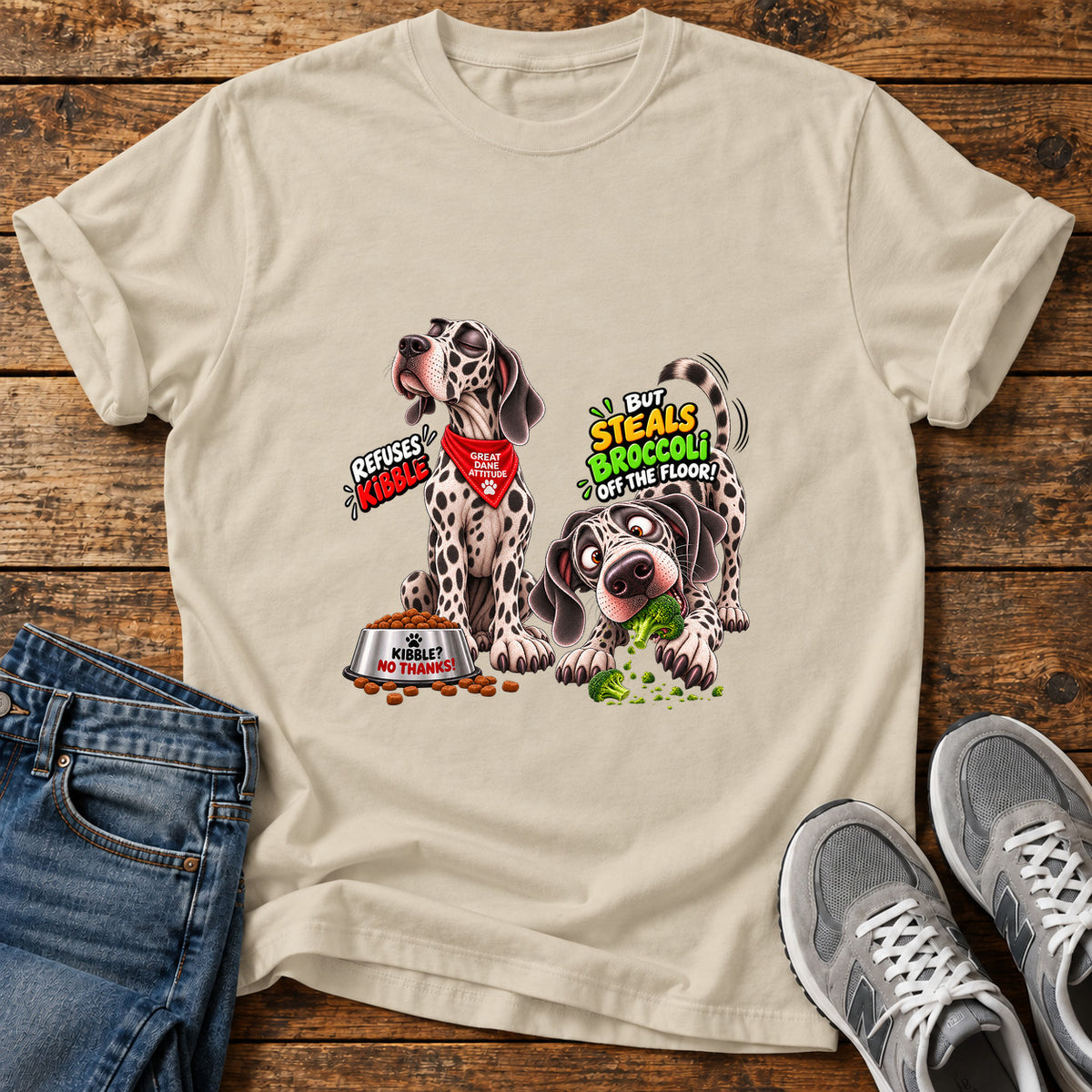 Great Dane Kibble graphic T-shirt in Sand, shown on a flat-lay shirt mockup