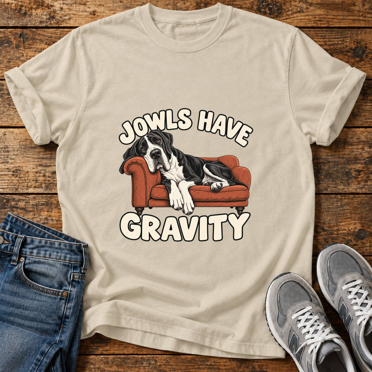 Jowls Gravity Great Dane graphic T-shirt in Sand, shown on a flat-lay shirt mockup