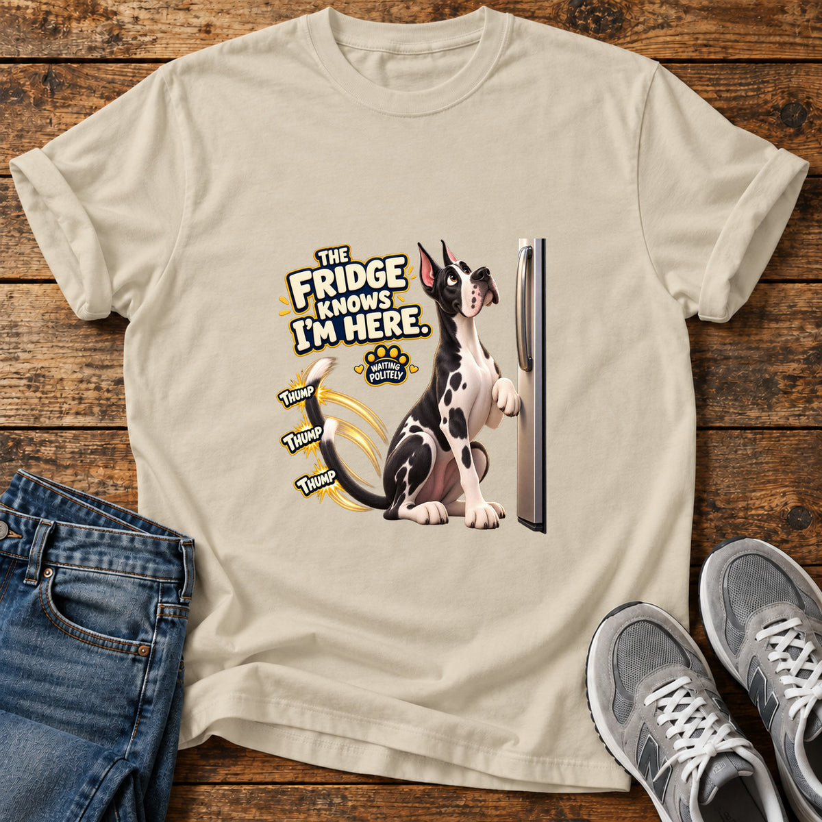 Fridge Dog Thump Great Dane graphic T-shirt in Sand, shown on a flat-lay shirt mockup