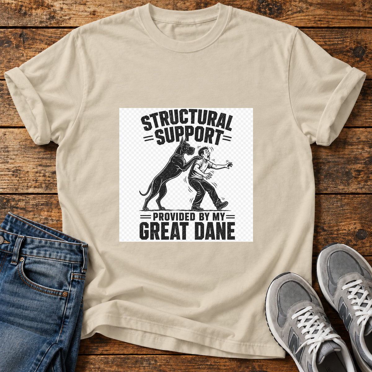 Structural Support Great Dane graphic T-shirt in Sand, shown on a flat-lay shirt mockup