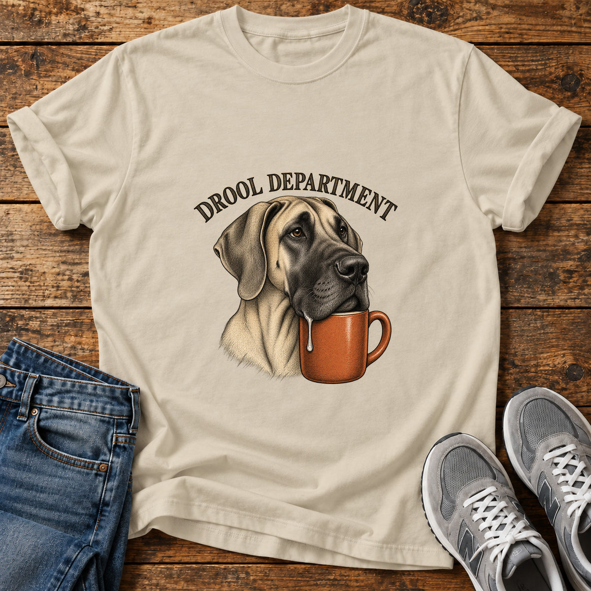 Drool Department Great Dane graphic T-shirt in Sand, shown on a flat-lay shirt mockup