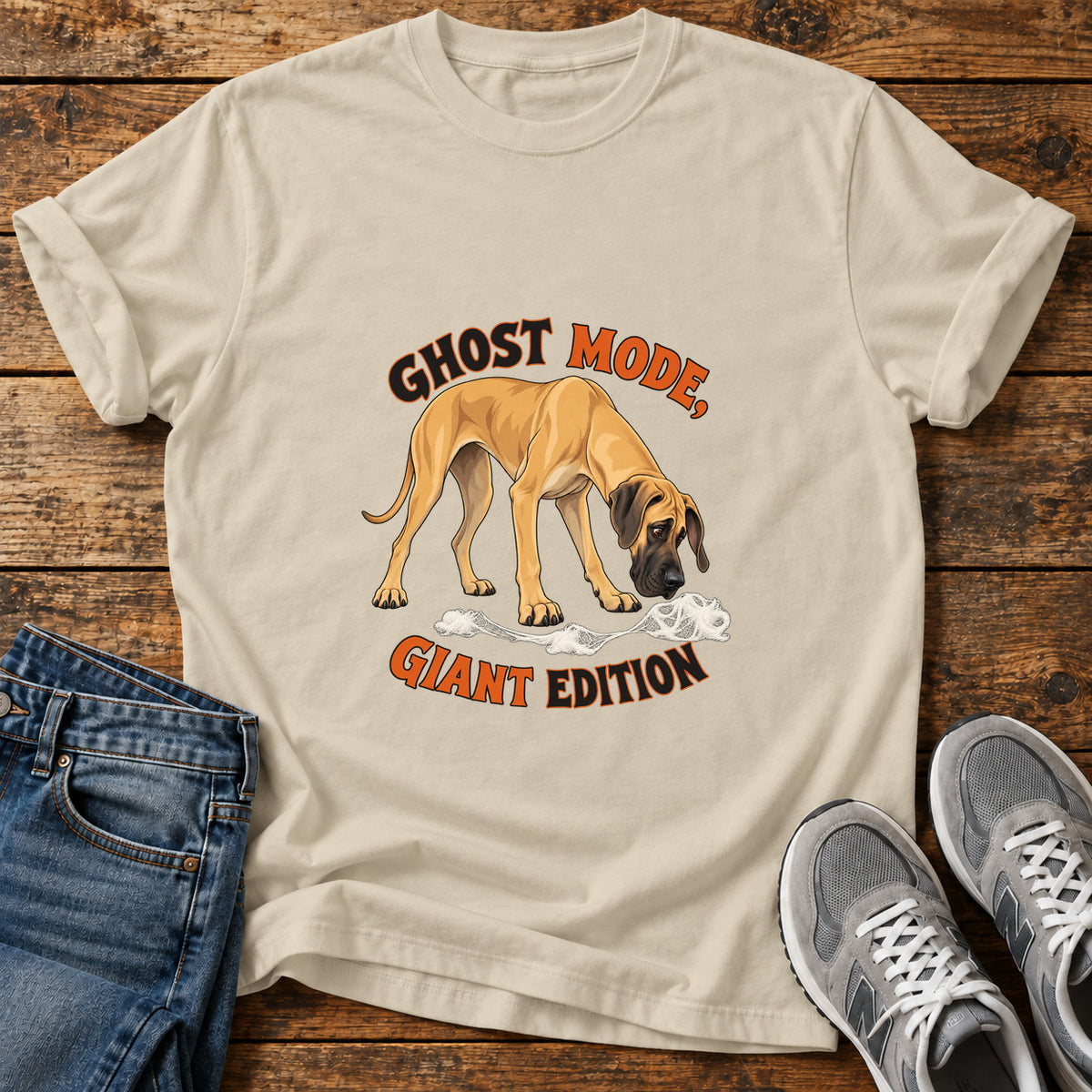 Ghost Mode Giant Great Dane graphic T-shirt in Sand, shown on a flat-lay shirt mockup