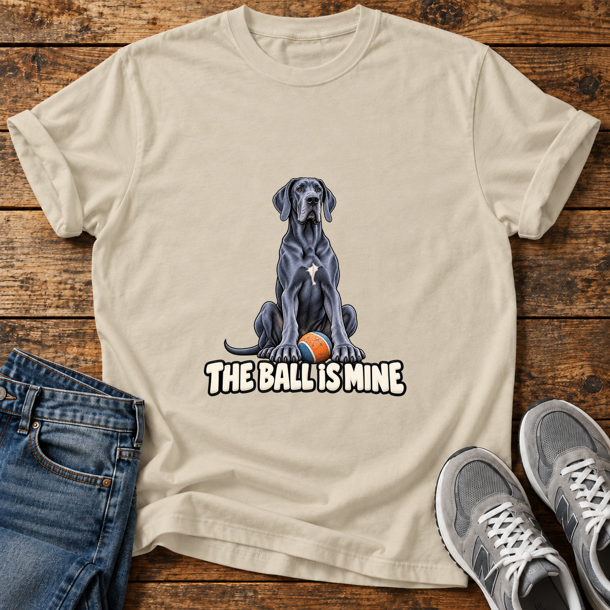 The Ball Is Great Dane graphic T-shirt in Sand, shown on a flat-lay shirt mockup